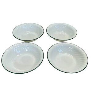 Set Of 4 Corelle White Swirl Rimmed Soup Bowls With Green Trim 6.25" Diameter Du